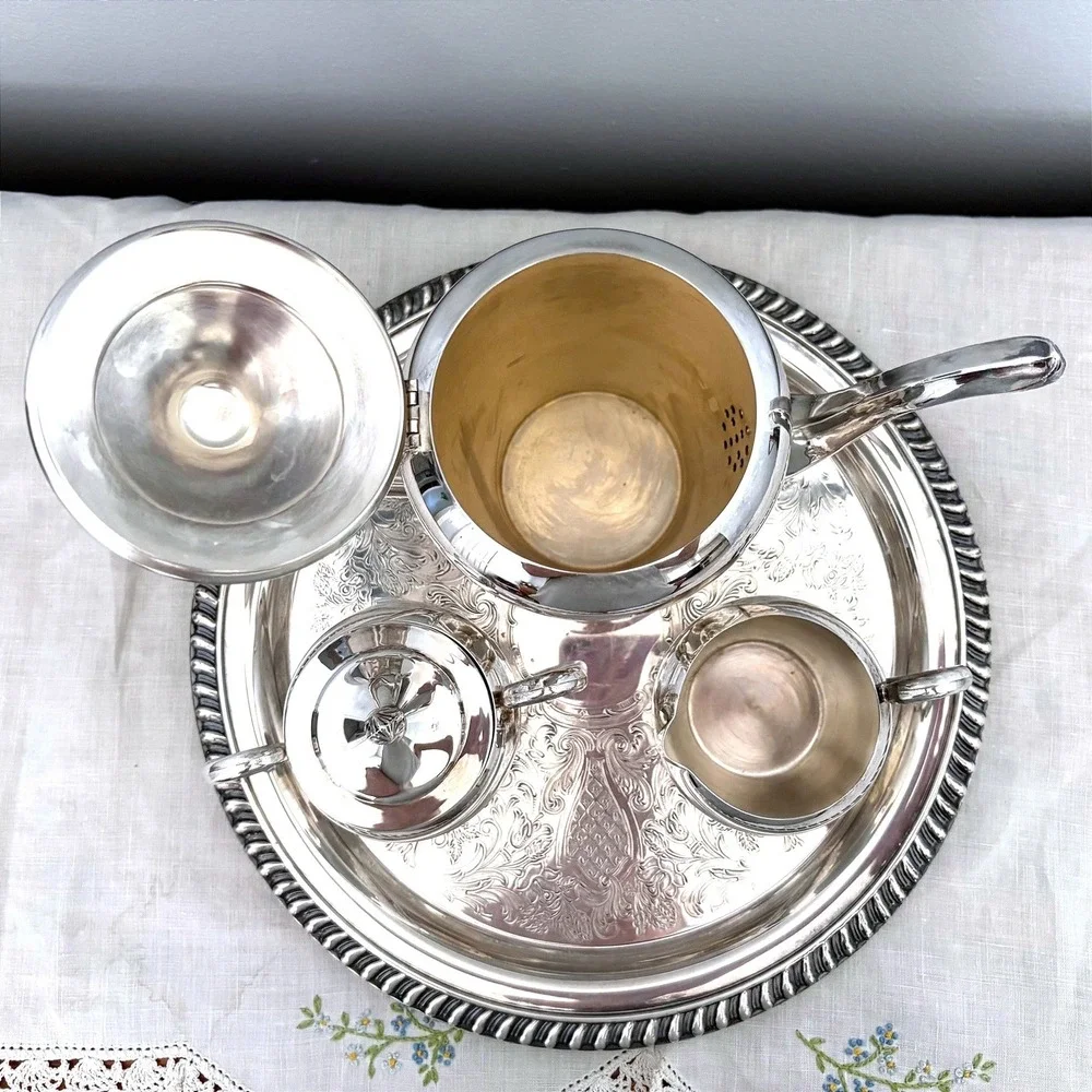 Vintage Silver Plated 4pc Tea Set Chased Floral Teapot Sugar Creamer Round Tray